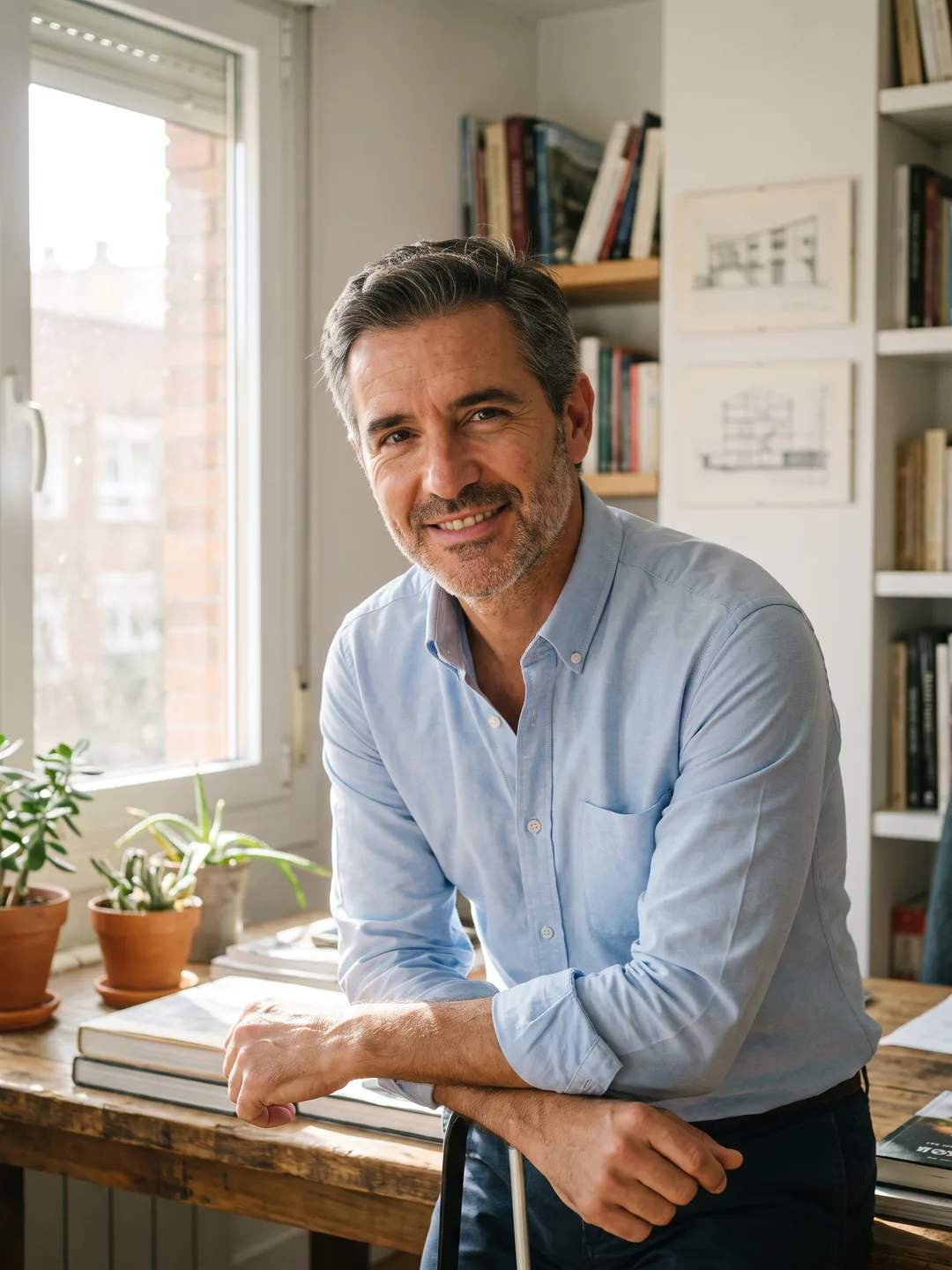 Hombre sonriente en su despacho, con la luz de la ventana